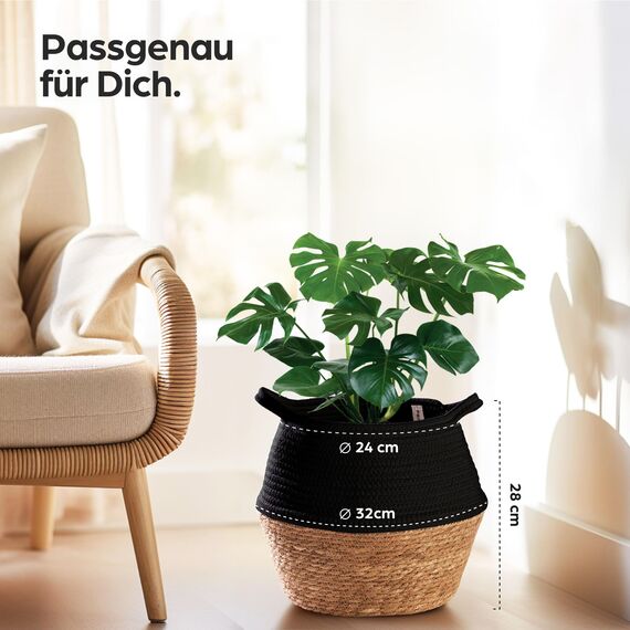 Praknu Deko Blumentopf Übertopf - Seegras Geflochten mit Baumwolle 25cm - Pflanzkorb Boho Schwarz