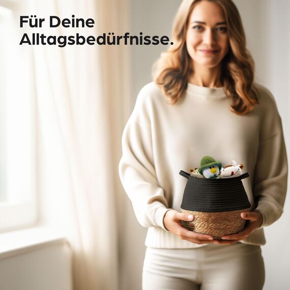 Praknu Deko Blumentopf Übertopf - Seegras Geflochten mit Baumwolle Ø 20cm - Pflanzkorb Boho Schwarz