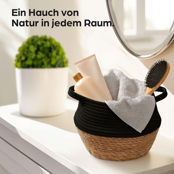 Praknu Deko Blumentopf Übertopf - Seegras Geflochten mit Baumwolle Ø 20cm - Pflanzkorb Boho Schwarz