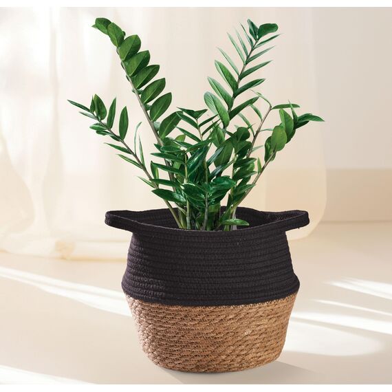 Praknu Deko Blumentopf Übertopf - Seegras Geflochten mit Baumwolle Ø 23cm - Pflanzkorb Boho Schwarz