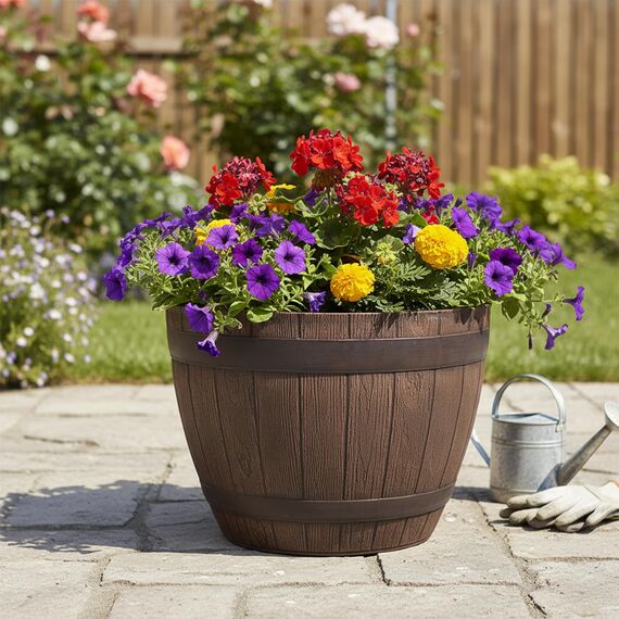 Jinfa Weinfass Pflanzkübel – Holzfass-Optik für Garten – Kunststoff Ø 38 cm Kastanie