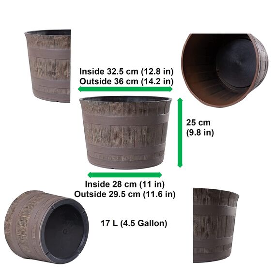 Jinfa 3er-Set Miniteich Pflanzkübel aus Kunststoff in Weinfassoptik bottich Blumenkübel | Farbe: Eiche | Design: Barrique | Ø 36 cm