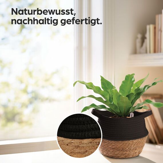 Praknu Deko Blumentopf Übertopf - Seegras Geflochten mit Baumwolle Ø 20cm - Pflanzkorb Boho Schwarz