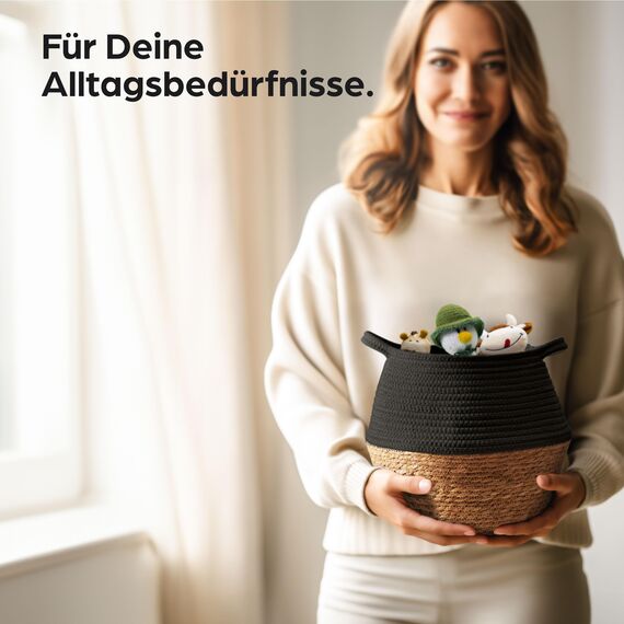 Praknu Deko Blumentopf Übertopf - Seegras Geflochten mit Baumwolle Ø 23cm - Pflanzkorb Boho Schwarz