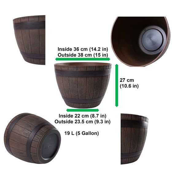 Jinfa 6er-Set Pflanzkübel aus Kunststoff in Weinfass Optik Dunkelbraun bottich Miniteich | Farbe: Kastanie | Design: Weinfass | Ø 38 cm