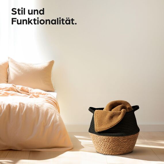 Praknu Deko Blumentopf Übertopf - Seegras Geflochten mit Baumwolle 25cm - Pflanzkorb Boho Schwarz