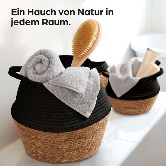 Praknu Deko Blumentopf Übertopf - Seegras Geflochten mit Baumwolle 25cm - Pflanzkorb Boho Schwarz