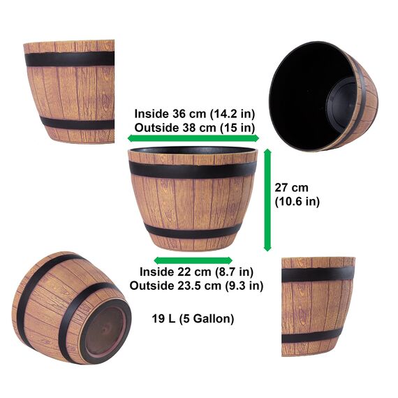 Jinfa 6er-Set Pflanzkübel aus Kunststoff in Weinfassoptik bottich Blumenkübel | Farbe: Walnuss | Design: Weinfass | Ø 38 cm