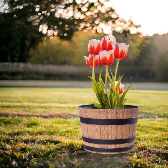Jinfa Pflanzkübel Kunststoff Holzoptik | Farbe Walnuss | Design Barrique Ø 36 cm | Blumenkübel Übertopf Garten, Balkon & Terrasse | Wetterfest & Dekorativ