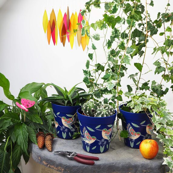 Hum Flowerpots, 15cm, 3er-Set, in Verschiedenen Farben und Mustern, Blumentöpfe aus Kunststoff für Drinnen und Draußen, Blaue Kolibris