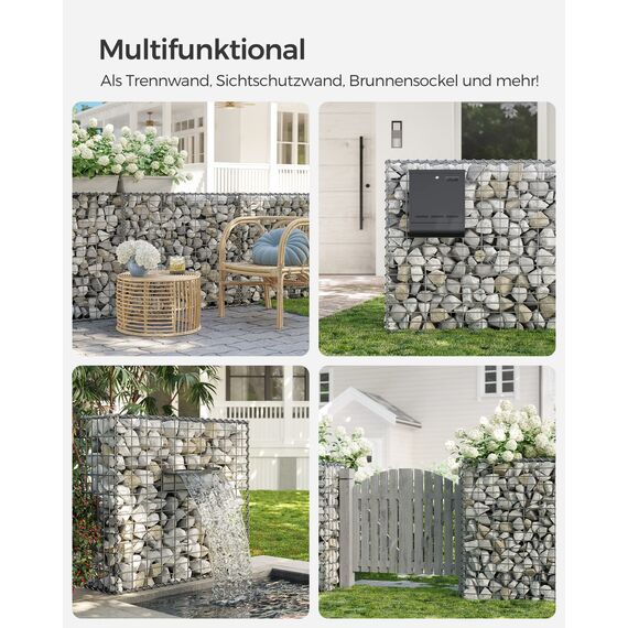 SONGMICS Gabionenkörbe, Metall-Steinkörbe mit 5 x 10 cm Maschenweite für Mauersteine, verzinkt, Steingabionen Mauer, 100 x 90 x 30 cm, 3er Set, silber GGB393V1