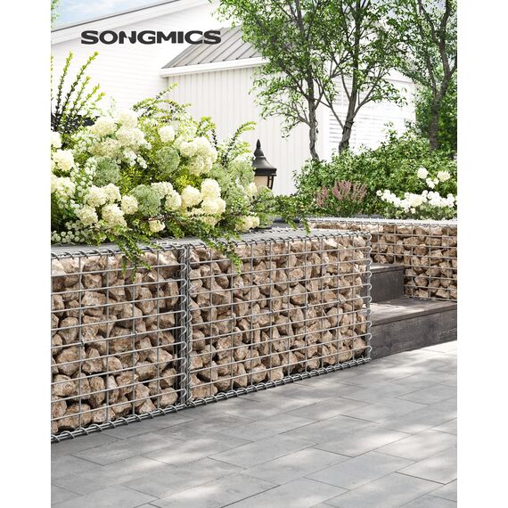 SONGMICS Gabionenkorb, Metall-Steinkorb mit 5 x 10 cm Maschenweite für Mauersteine, verzinkt, Steingabione Mauer,100 x 50 x 30 cm, silber GGB153