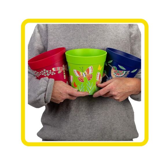 Hum Flowerpots, 15cm, 3er-Set, in Verschiedenen Farben und Mustern, Blumentöpfe aus Kunststoff für Drinnen und Draußen, Blau Rosa Grün