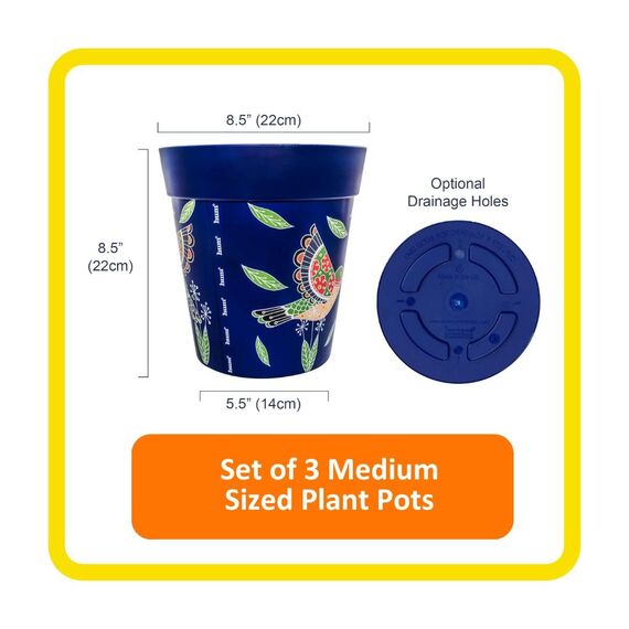 Hum Flowerpots, 15cm, 3er-Set, in Verschiedenen Farben und Mustern, Blumentöpfe aus Kunststoff für Drinnen und Draußen, Blau Rosa Grün