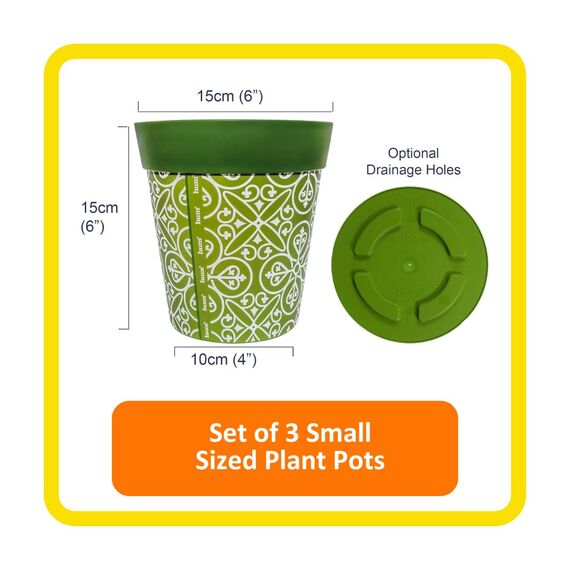 Hum Flowerpots, 15cm, 3er-Set, in Verschiedenen Farben und Mustern, Blumentöpfe aus Kunststoff für Drinnen und Draußen, Grün Marokkanische