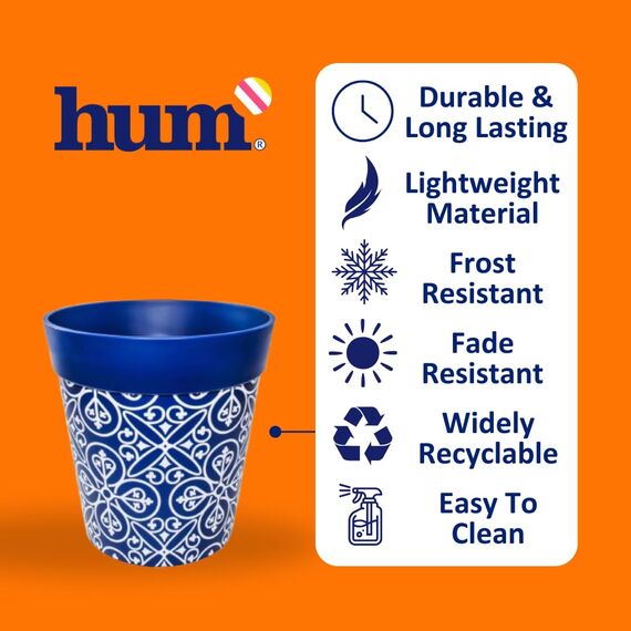 Hum Flowerpots, 15cm, 3er-Set, in Verschiedenen Farben und Mustern, Blumentöpfe aus Kunststoff für Drinnen und Draußen, Blau Marokkanisch