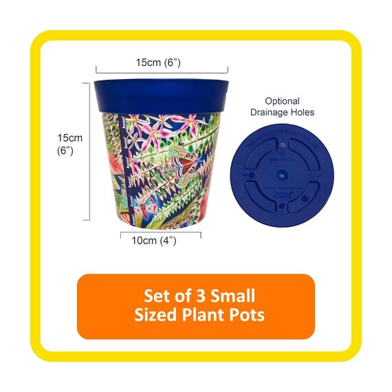 Hum Flowerpots, 15 cm Set mit 3 verschiedenen Mustern, Farben und Größen, Kunststoff-Pflanztöpfe, für Innen- und Außenbereich, Blaue Blätter