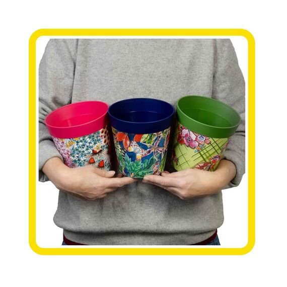 Hum Flowerpots, 15cm, 3er-Set, in Verschiedenen Farben und Mustern, Blumentöpfe aus Kunststoff für Drinnen und Draußen, Mehrfarbig Blumenmuster