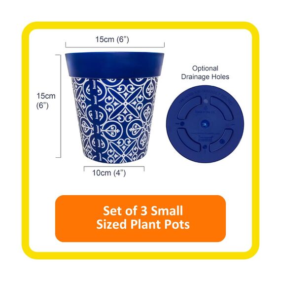 Hum Flowerpots, 15cm, 3er-Set, in Verschiedenen Farben und Mustern, Blumentöpfe aus Kunststoff für Drinnen und Draußen, Blau Marokkanisch
