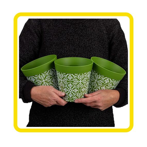 Hum Flowerpots, 15cm, 3er-Set, in Verschiedenen Farben und Mustern, Blumentöpfe aus Kunststoff für Drinnen und Draußen, Grün Marokkanische