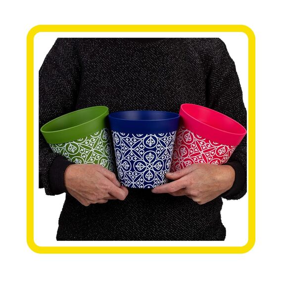 Hum Flowerpots, 15cm, 3er-Set, in Verschiedenen Farben und Mustern, Blumentöpfe aus Kunststoff für Drinnen und Draußen, Mehrfarbig Marokkanisch