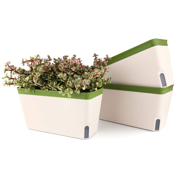 T4U 27cm Selbstwässernder Blumenkasten Kräutertopf mit ERD-Bewässerungs-System Grün 3er-Set Kunststoff Blumentopf Pflanzgefäß Rechteck für Küche Balkon Fensterbank