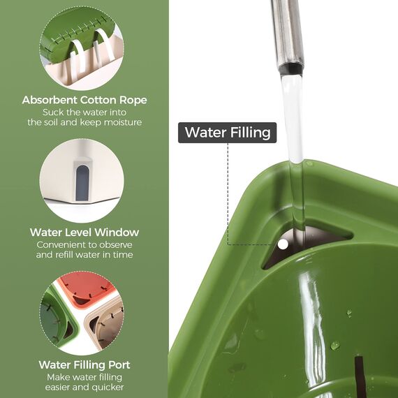 T4U 27cm Selbstwässernder Blumenkasten Kräutertopf mit ERD-Bewässerungs-System Grün 3er-Set Kunststoff Blumentopf Pflanzgefäß Rechteck für Küche Balkon Fensterbank