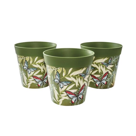 Hum Flowerpots, 15cm, 3er-Set, in Verschiedenen Farben und Mustern, Blumentöpfe aus Kunststoff für Drinnen und Draußen,Schmetterlinge Grün