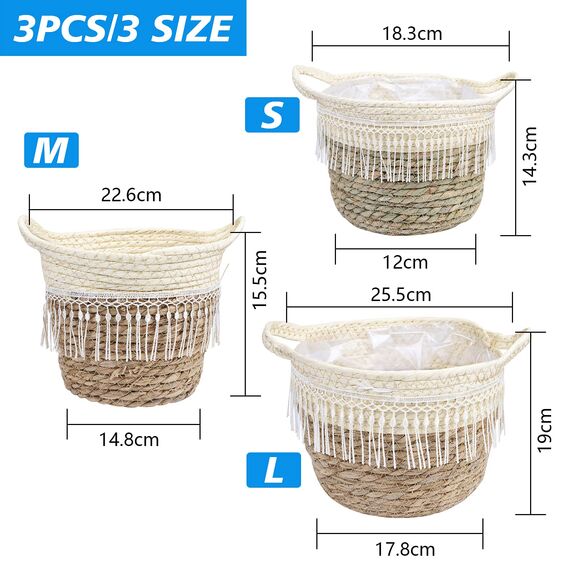 JNRFTY 3er Set Pflanzkorb Blumenkorb Geflochten,altbarer Seegras-Korb,Handgewebter Übertöpfe Blumentopf Pflanzkorb Tassel