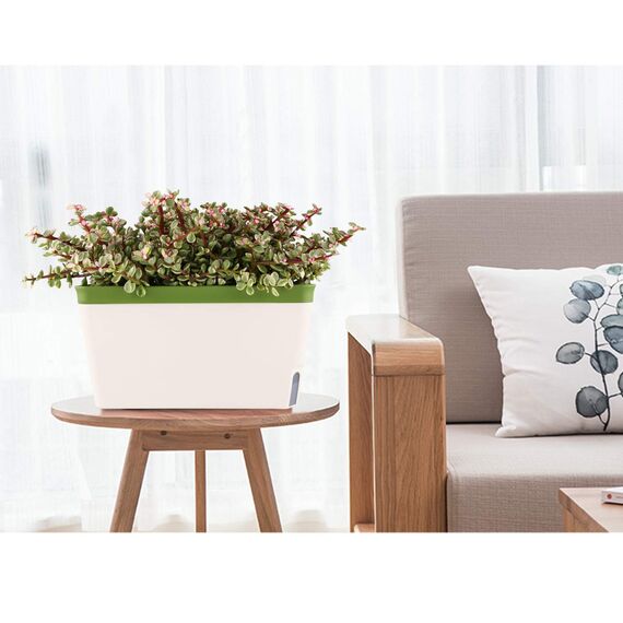 T4U 27cm Selbstwässernder Blumenkasten Kräutertopf mit ERD-Bewässerungs-System Grün 3er-Set Kunststoff Blumentopf Pflanzgefäß Rechteck für Küche Balkon Fensterbank