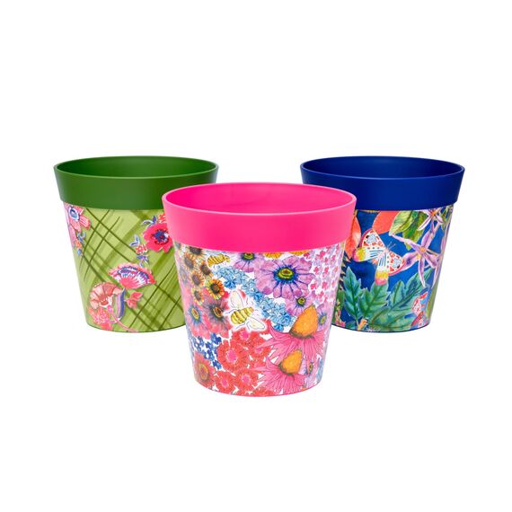 Hum Flowerpots, 15cm, 3er-Set, in Verschiedenen Farben und Mustern, Blumentöpfe aus Kunststoff für Drinnen und Draußen, Mehrfarbig Blumenmuster