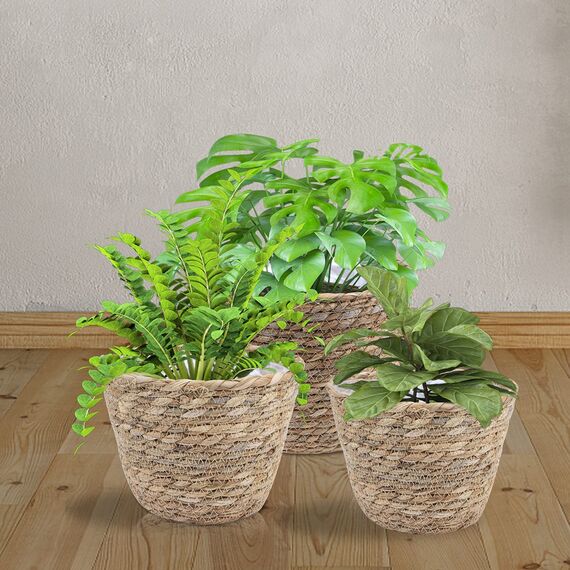 JNRFTY 3er Set Pflanzkorb Blumenkorb Geflochten,altbarer Seegras-Korb,Handgewebter Übertöpfe Blumentopf Pflanzkorb
