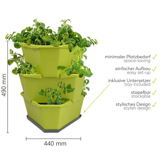 GUSTA GARDEN Paul Potato Starter Kartoffelturm - stapelbar - Hochbeet/Pflanzgefäß/Blumentopf für Balkon, Garten und Terrasse (3 Etagen, Grün) inkl. Untersetzer