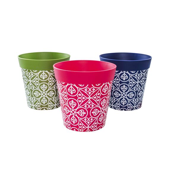 Hum Flowerpots, 15cm, 3er-Set, in Verschiedenen Farben und Mustern, Blumentöpfe aus Kunststoff für Drinnen und Draußen, Mehrfarbig Marokkanisch