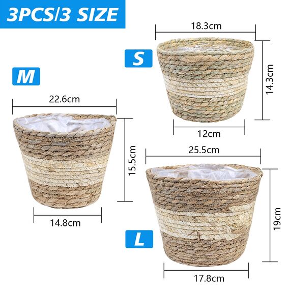 JNRFTY 3er Set Pflanzkorb Blumenkorb Geflochten,altbarer Seegras-Korb,Handgewebter Übertöpfe Blumentopf Pflanzkorb Beige