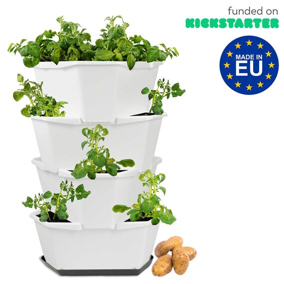 GUSTA GARDEN Paul Potato Starter Kartoffelturm - stapelbar - Hochbeet/Pflanzgefäß/Blumentopf für Balkon, Garten und Terrasse (4 Etagen, Weiß) inkl. Untersetzer