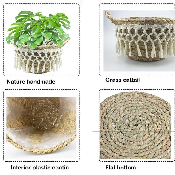 JNRFTY 3er Set Pflanzkorb Blumenkorb Geflochten,altbarer Seegras-Korb,Handgewebter Übertöpfe Blumentopf Pflanzkorb