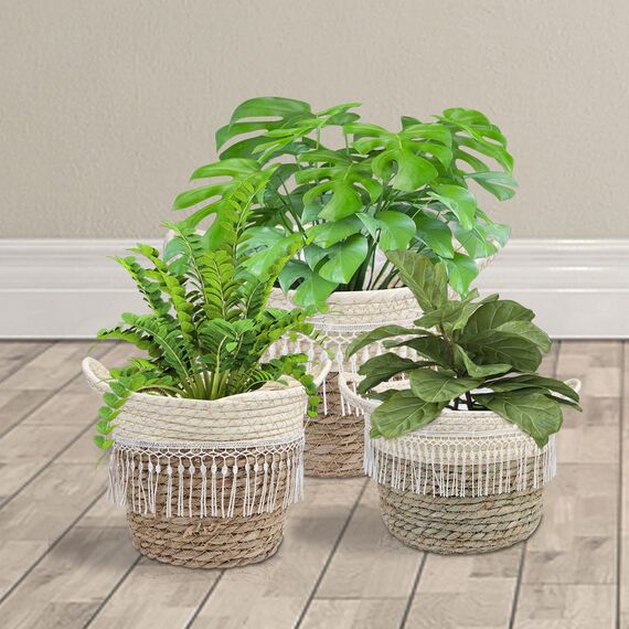 JNRFTY 3er Set Pflanzkorb Blumenkorb Geflochten,altbarer Seegras-Korb,Handgewebter Übertöpfe Blumentopf Pflanzkorb Tassel