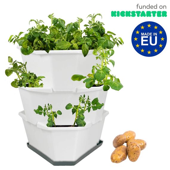 GUSTA GARDEN Paul Potato Starter Kartoffelturm - stapelbar - Hochbeet/Pflanzgefäß/Blumentopf für Balkon, Garten und Terrasse (3 Etagen, Weiß) inkl. Untersetzer