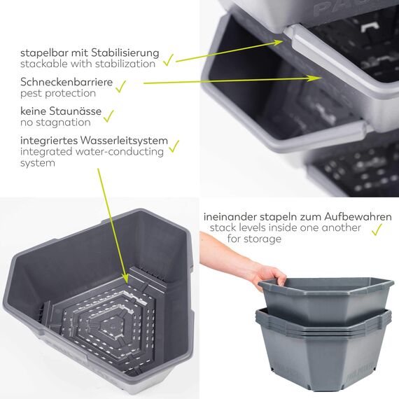 GUSTA GARDEN Paul Potato Starter Kartoffelturm - stapelbar - Hochbeet/Pflanzgefäß/Blumentopf für Balkon, Garten und Terrasse (4 Etagen, Grün) inkl. Untersetzer