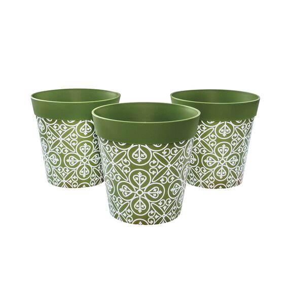 Hum Flowerpots, 15cm, 3er-Set, in Verschiedenen Farben und Mustern, Blumentöpfe aus Kunststoff für Drinnen und Draußen, Grün Marokkanische