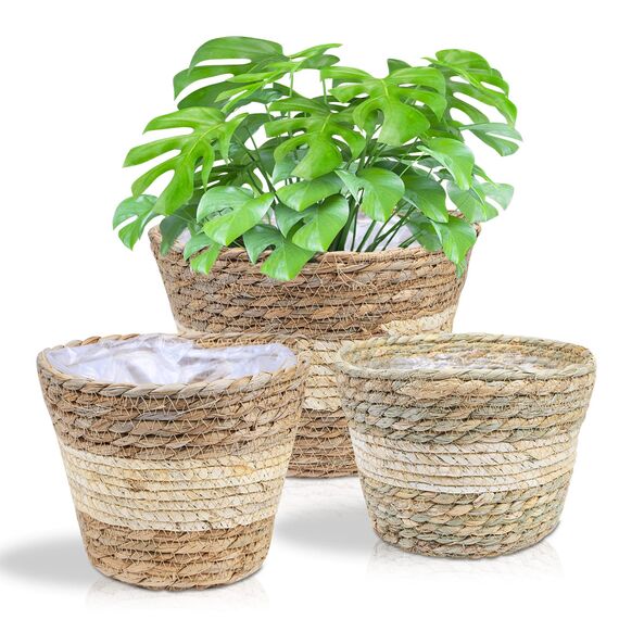 JNRFTY 3er Set Pflanzkorb Blumenkorb Geflochten,altbarer Seegras-Korb,Handgewebter Übertöpfe Blumentopf Pflanzkorb Beige