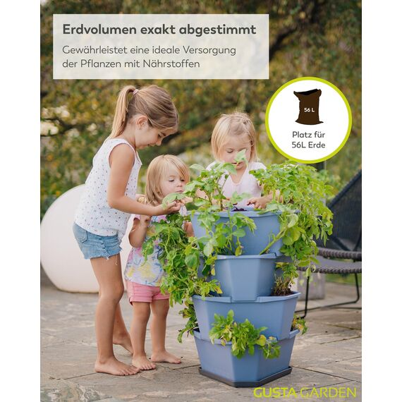 GUSTA GARDEN Paul Potato Kartoffelturm 4 Etagen Blau - Hochbeet Turm Kartoffeln - Garten & Balkon - Schädlingsschutz - 0,2m² - 56L Erdvolumen