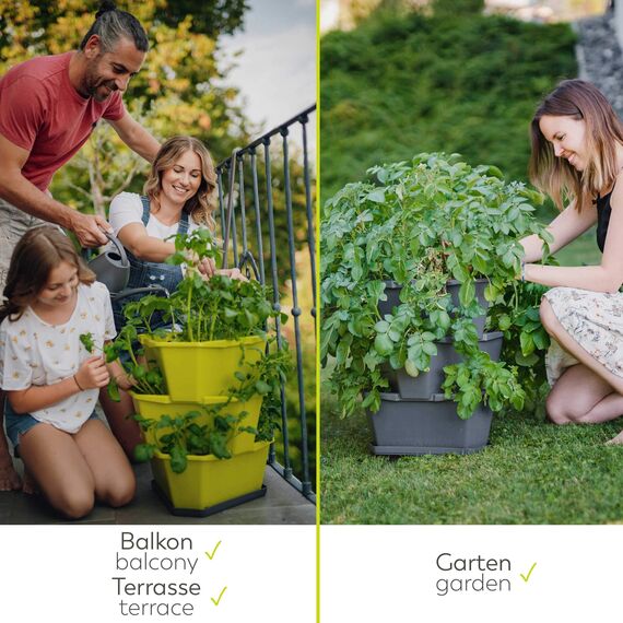 GUSTA GARDEN Paul Potato Starter Kartoffelturm - stapelbar - Hochbeet/Pflanzgefäß/Blumentopf für Balkon, Garten und Terrasse (3 Etagen, Grün) inkl. Untersetzer