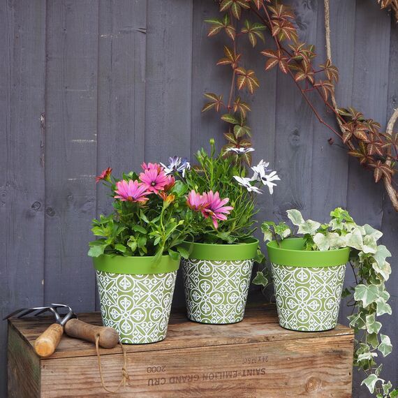 Hum Flowerpots, 15cm, 3er-Set, in Verschiedenen Farben und Mustern, Blumentöpfe aus Kunststoff für Drinnen und Draußen, Grün Marokkanische