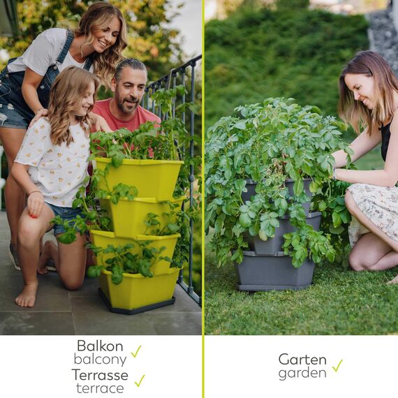 GUSTA GARDEN Paul Potato Starter Kartoffelturm - stapelbar - Hochbeet/Pflanzgefäß/Blumentopf für Balkon, Garten und Terrasse (4 Etagen, Grün) inkl. Untersetzer