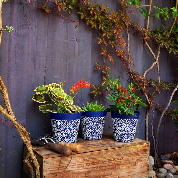 Hum Flowerpots, 15cm, 3er-Set, in Verschiedenen Farben und Mustern, Blumentöpfe aus Kunststoff für Drinnen und Draußen, Blau Marokkanisch