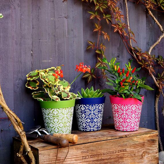 Hum Flowerpots, 15cm, 3er-Set, in Verschiedenen Farben und Mustern, Blumentöpfe aus Kunststoff für Drinnen und Draußen, Mehrfarbig Marokkanisch