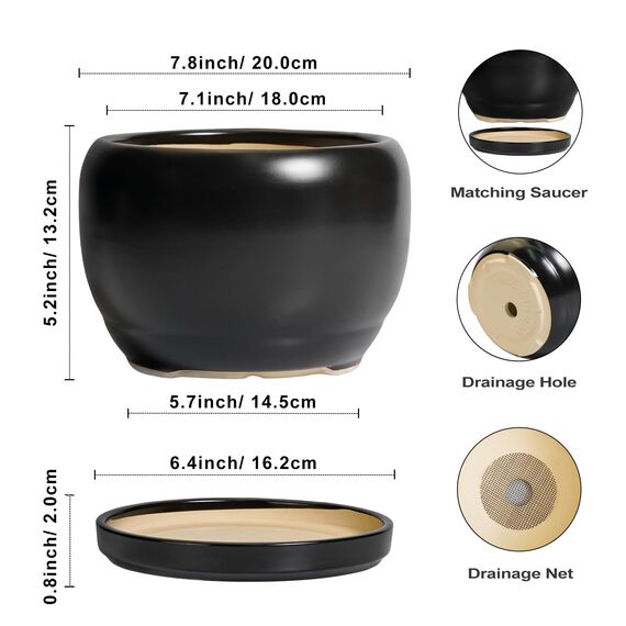 SQOWL Keramik-Pflanztöpfe – 20,3 cm Pflanzgefäß für den Innenbereich, runder Blumentopf mit Ablaufloch und Untersetzer, moderner Outdoor-Pflanzgefäß, Wohnungsdekoration, Geschenke für