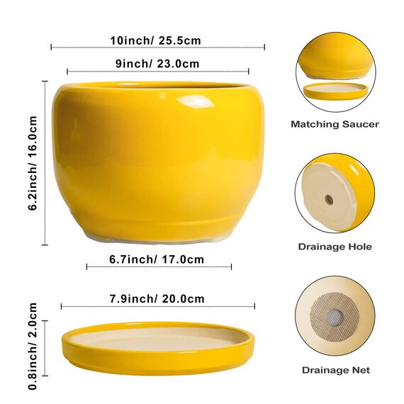 SQOWL 25,4 cm Pflanztopf – Keramik-Pflanzgefäß mit Ablaufloch und Untersetzer, moderner großer Blumentopf für Innen- und Außenbereich, dekorativer runder Übertopf, Heimdekoration, Geschenke für
